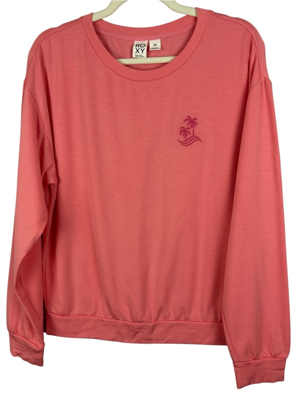 Roxy Coral Pink Long Sleeve Crewneck Medium Sweatshirt with Palm Embroidery